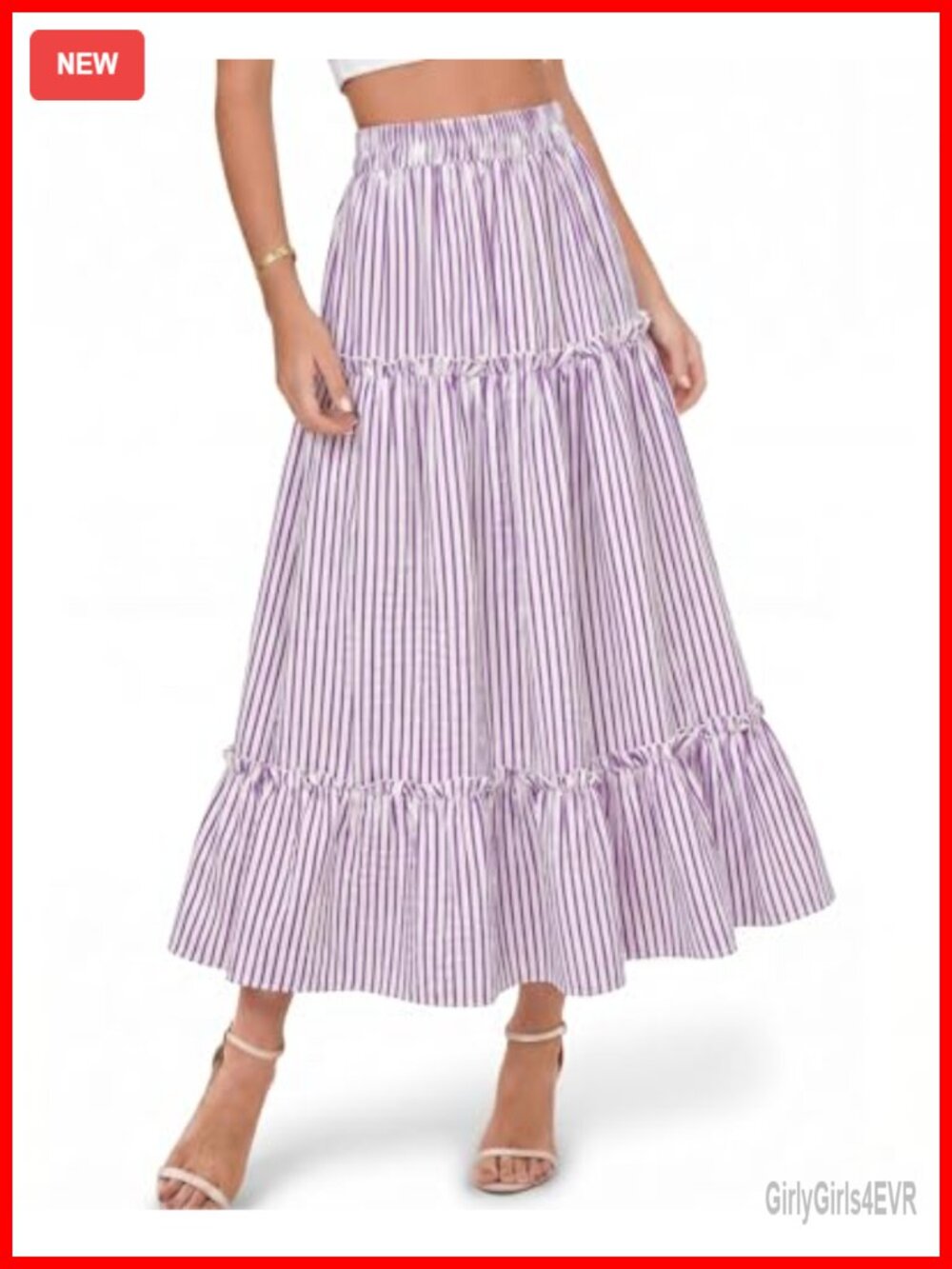 Striped Midi Skirt with Pockets High Waisted Ruffle Tiered A-Line